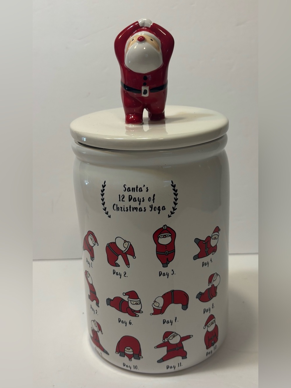 Magenta White Ceramic Santa Yoga Holiday Cookie Jar with Red Accents